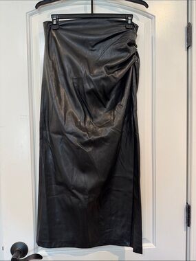 Zara Black Faux Leather Maxi Skirt with Side Draping✨